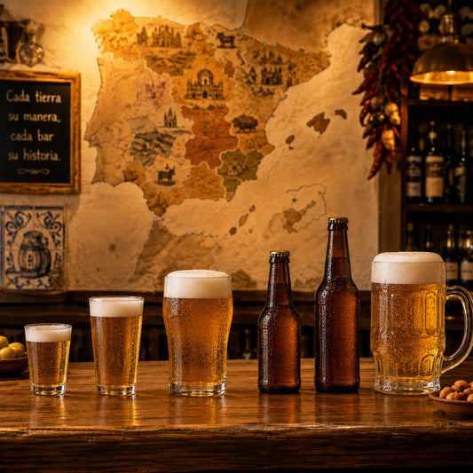 Barra de bar con cervezas de diferente tamaño