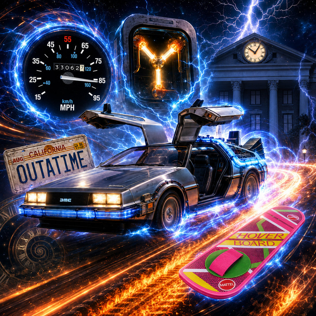 Símbolos de Regreso al futuro, DeLorean, Condensador de fluzo, matrícula Outatime, Torre del reloj, aeropatin