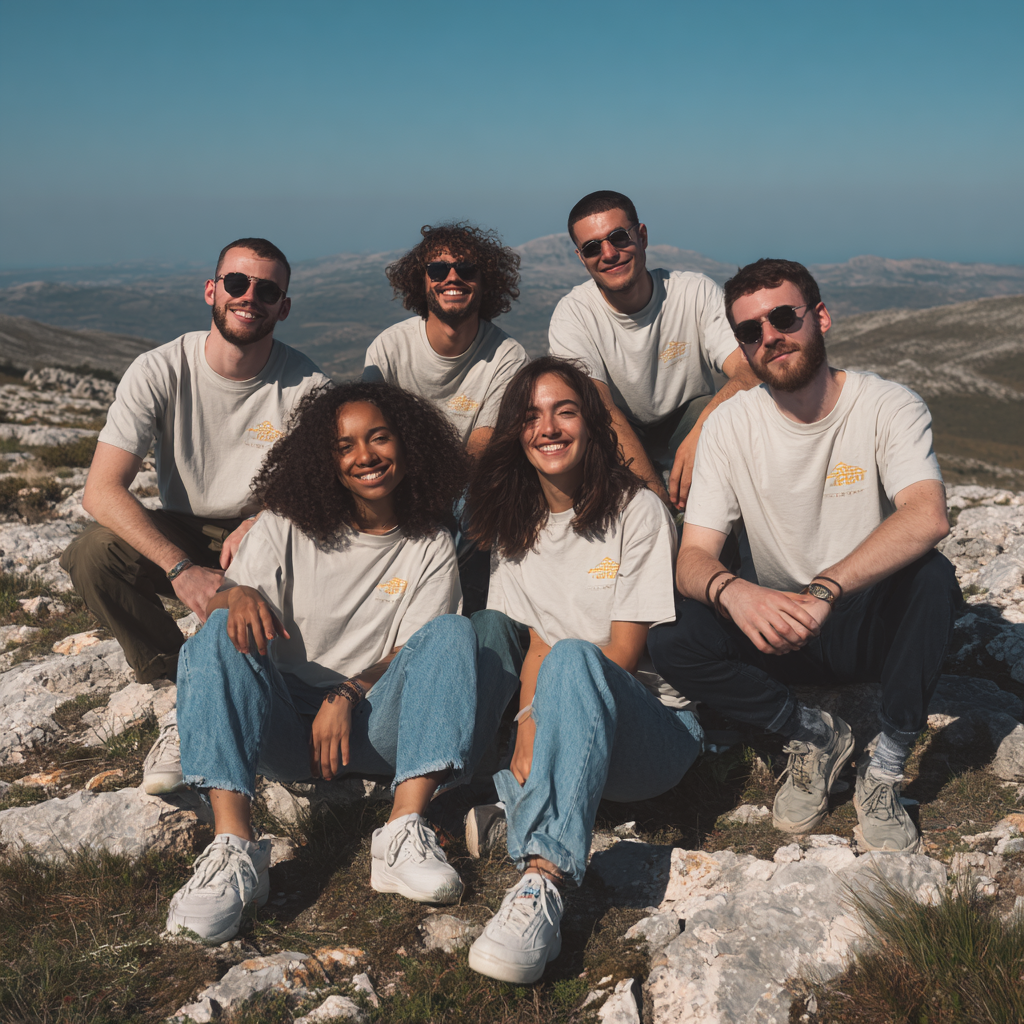 friends in t-shirts in the mountains