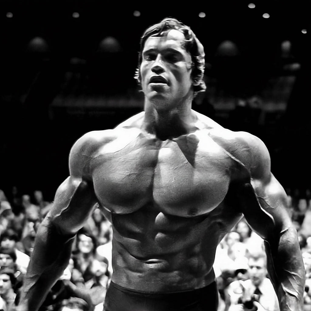 Arnold Schwarzenegger en la tarima de Mr. Olympia 1974
