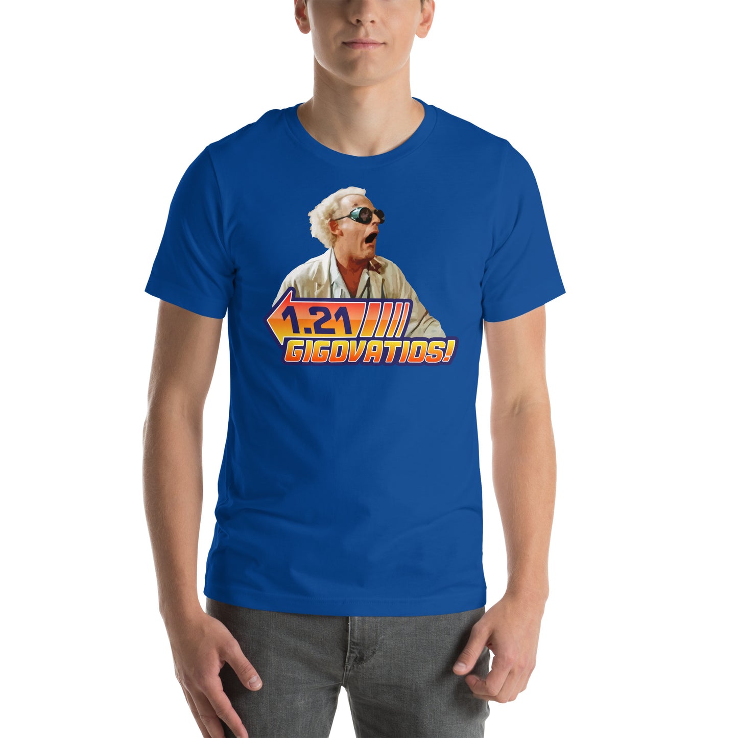 hombre con camiseta 1 21 gigovatios gigavatios regreso al futuro en color azul royal