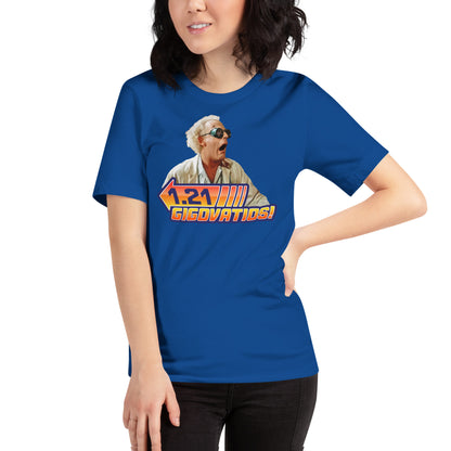 mujer con camiseta 1 21 gigovatios gigavatios regreso al futuro en color azul royal