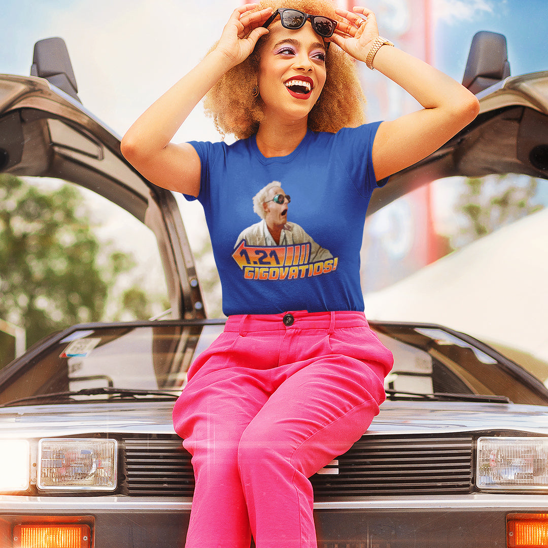 woman in 1.21 gigawatts back to the future royal blue t-shirt