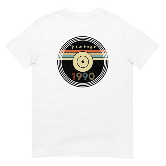 Camiseta blanca 1990 Vintage con diseño retro de disco de vinilo