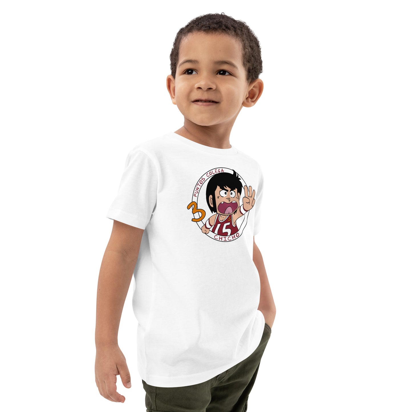 niño con camiseta 3 puntos colega chicho terremoto baloncesto infantil en color blanco