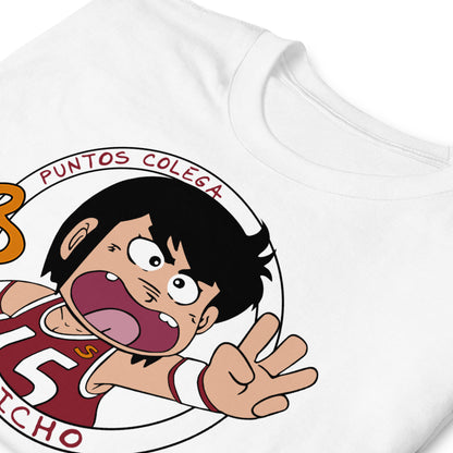 detalle de camiseta 3 puntos colega chicho terremoto blanca