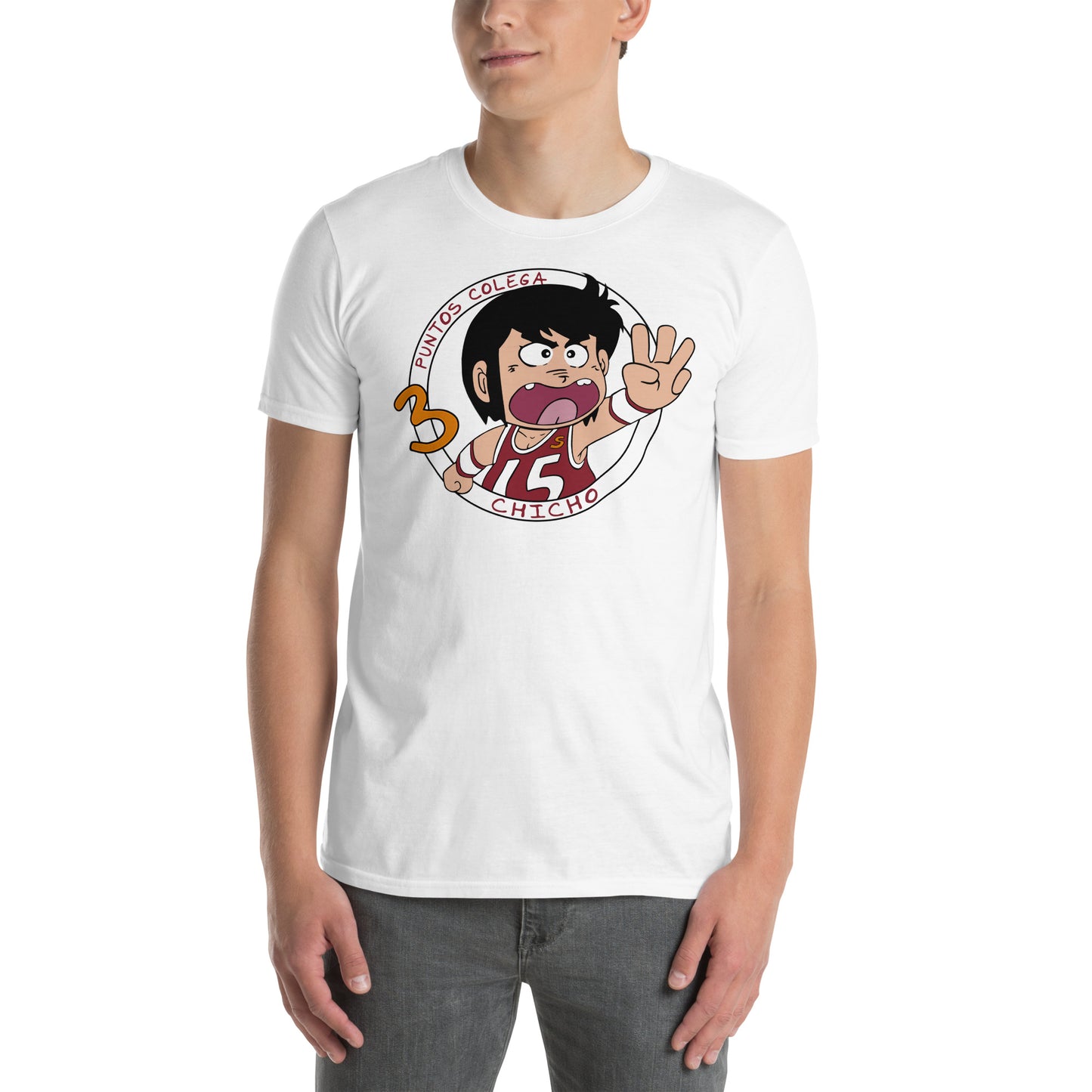 hombre con camiseta 3 puntos colega chicho terremoto blanca
