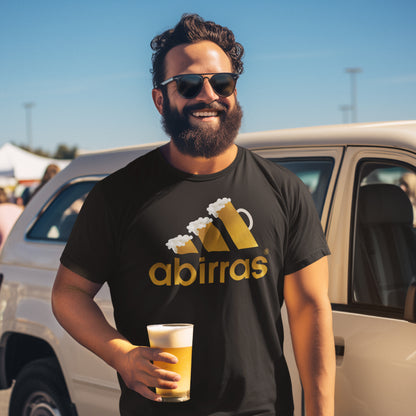 hombre con camiseta abirras cerveza  parodia adidas negra