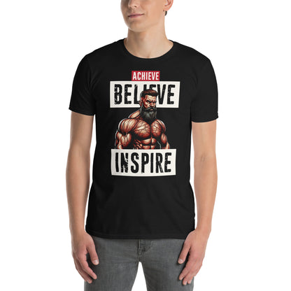 hombre con camiseta achieve believe inspire gym gimnasio fitness en color negro