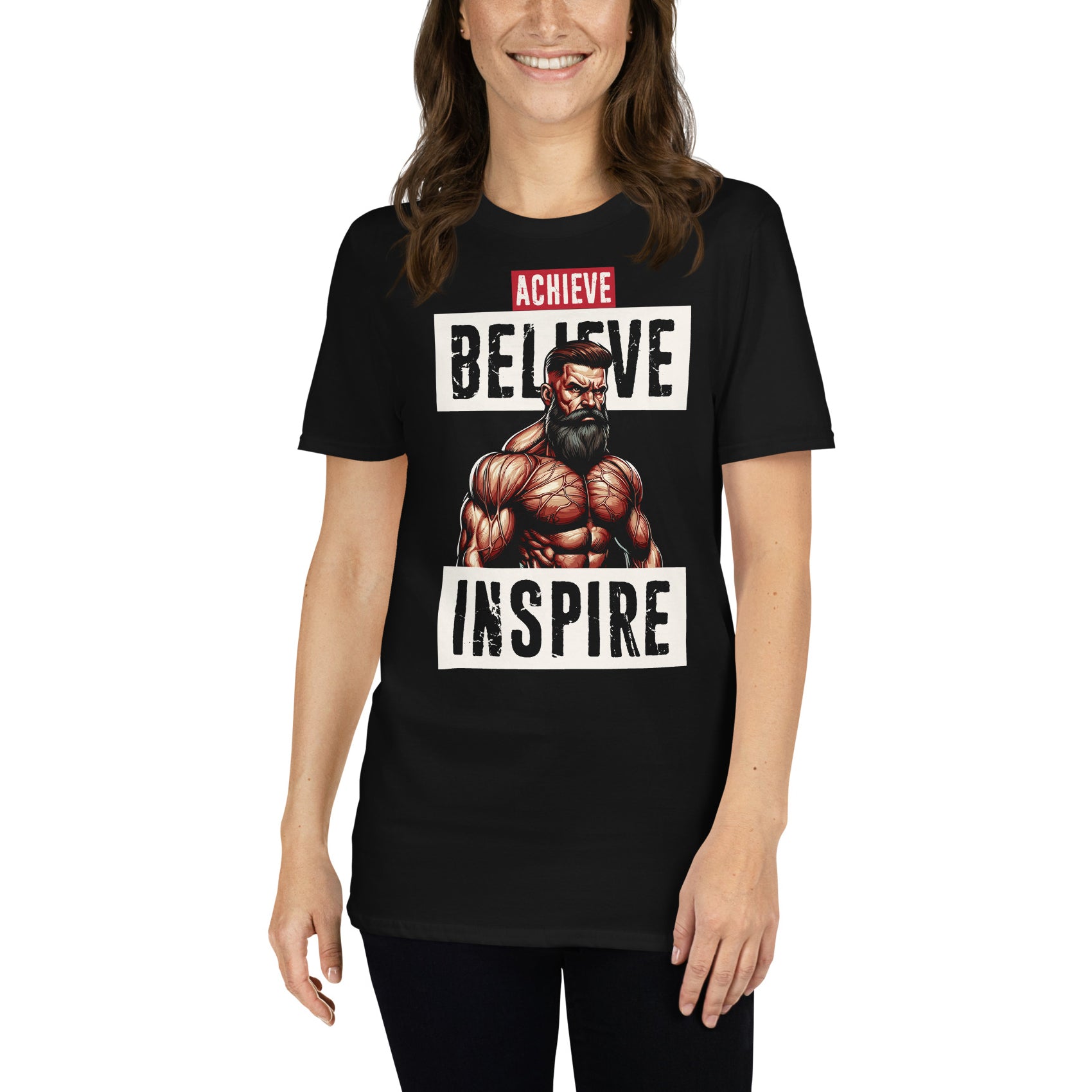 mujer con camiseta achieve believe inspire gym gimnasio fitness en color negro