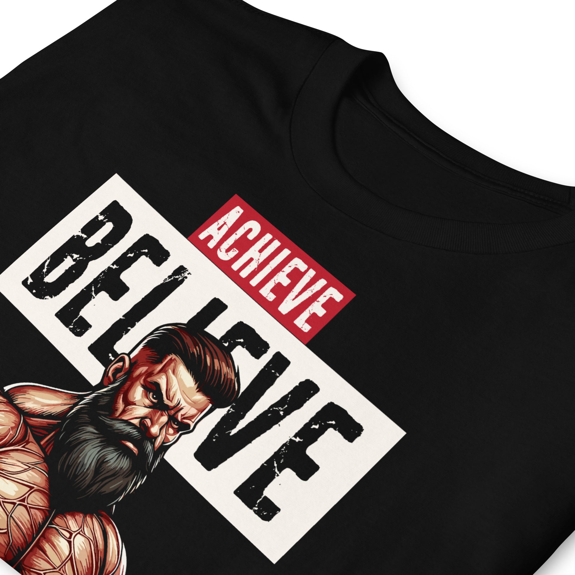 detalle de camiseta achieve believe inspire gym gimnasio fitness en color negro