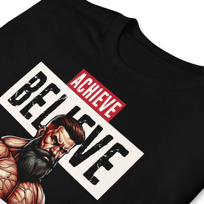 detalle de camiseta achieve believe inspire gym gimnasio fitness en color negro