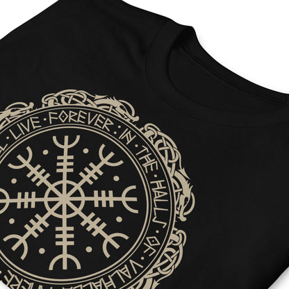 detalle de camiseta aegishjalmur vikingo negra