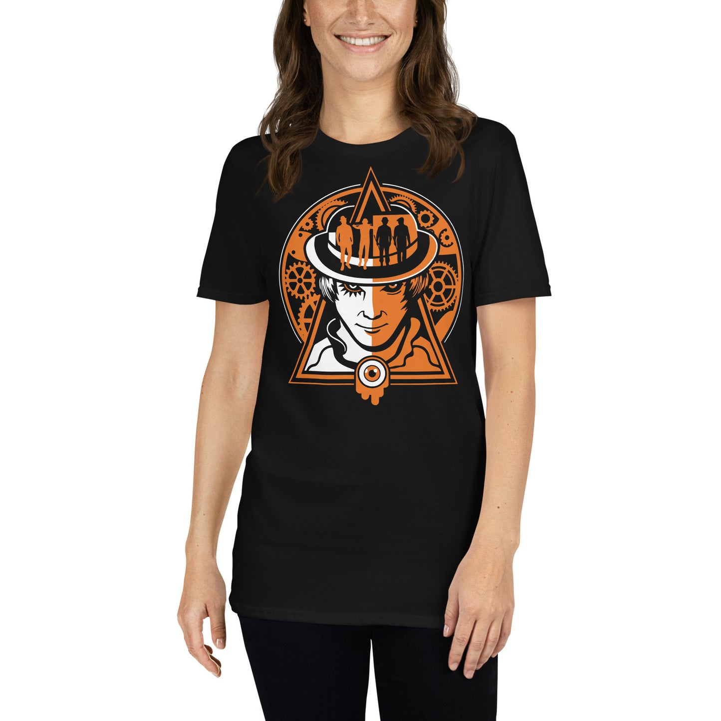 mujer con camiseta alex delarge a clockwork orange negra