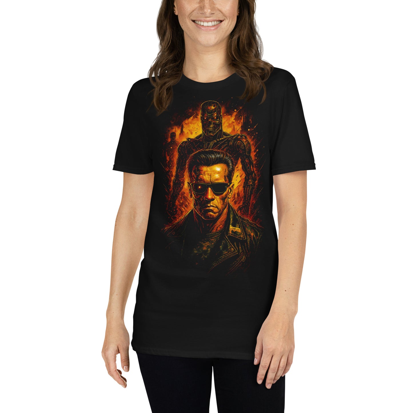 mujer con camiseta terminator t-800 negra