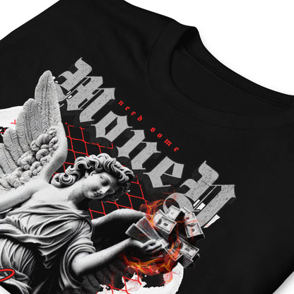 detalle de camiseta angel dinero negra