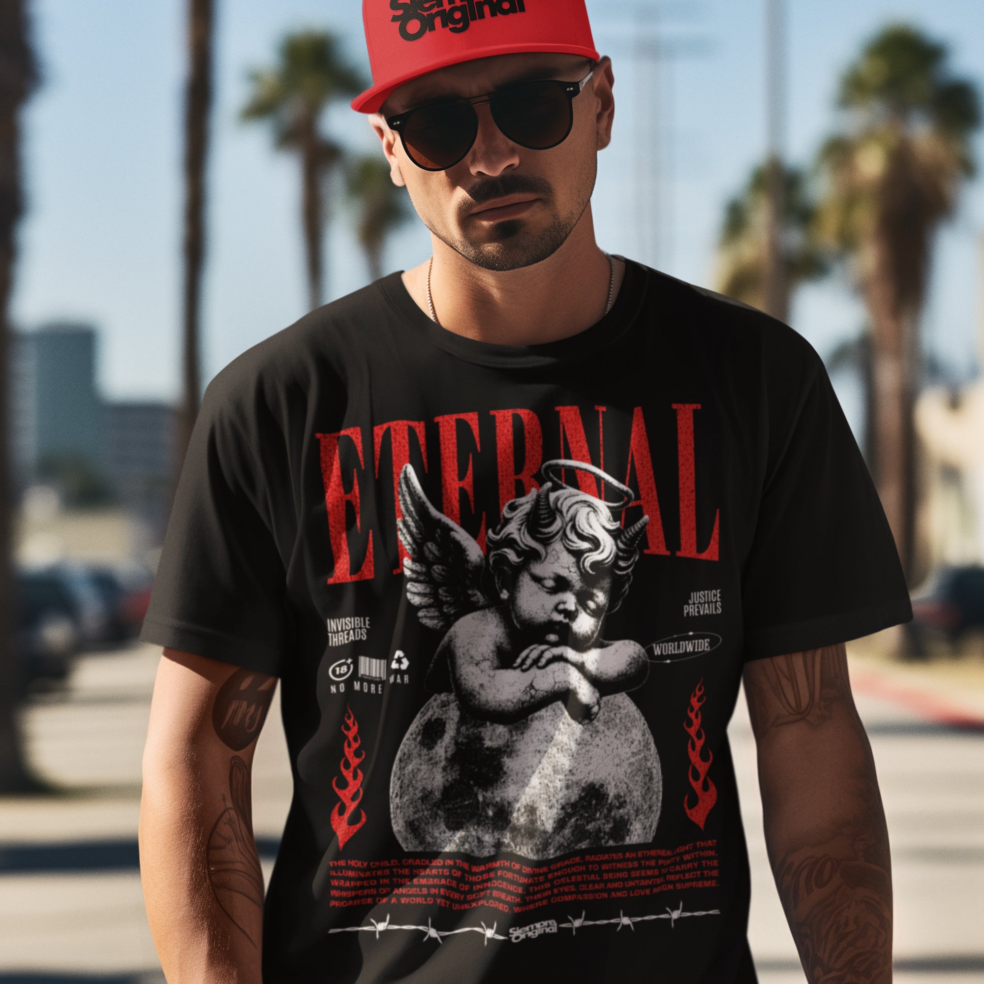 hombre con camiseta angel eternal negra