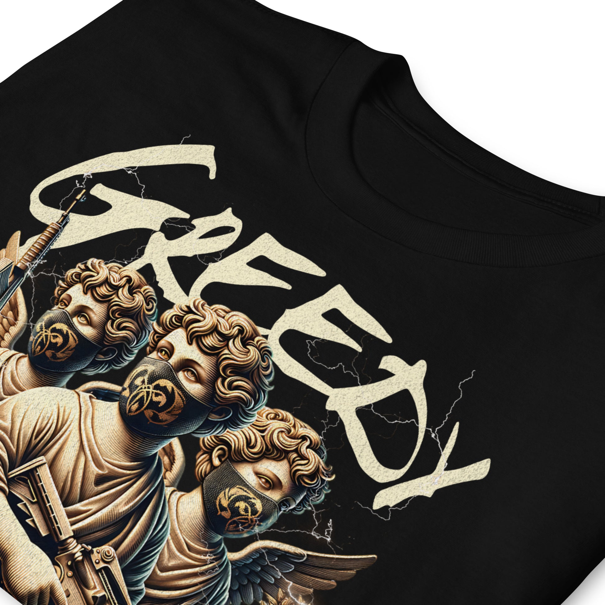 detalle de camiseta angeles codicia negra