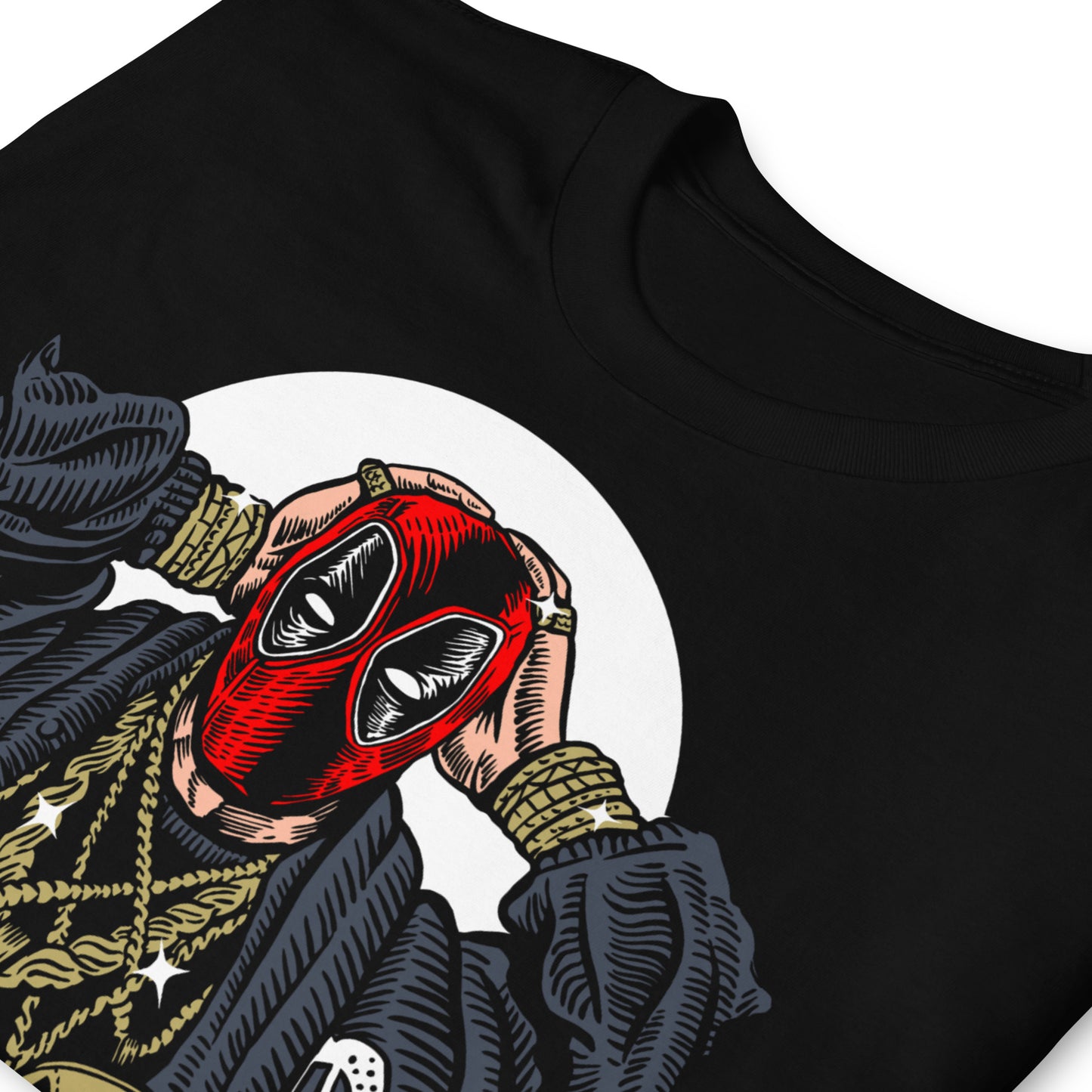 detalle de camiseta deadpool gangsta negra