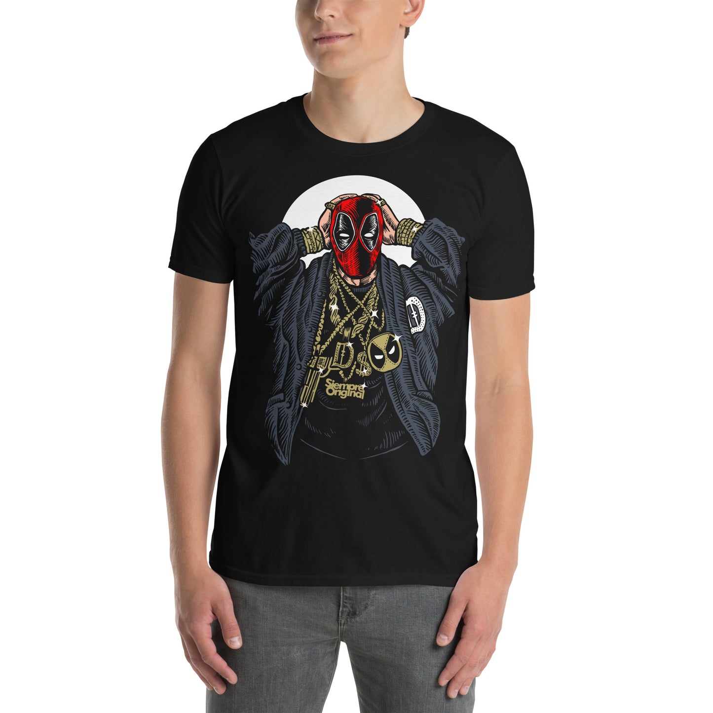 hombre con camiseta deadpool gangsta negra