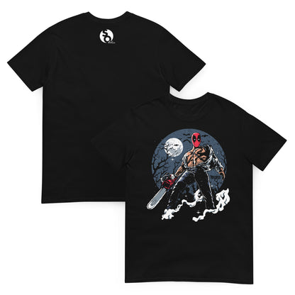 camiseta deadpool motosierra terror delante y detras negra
