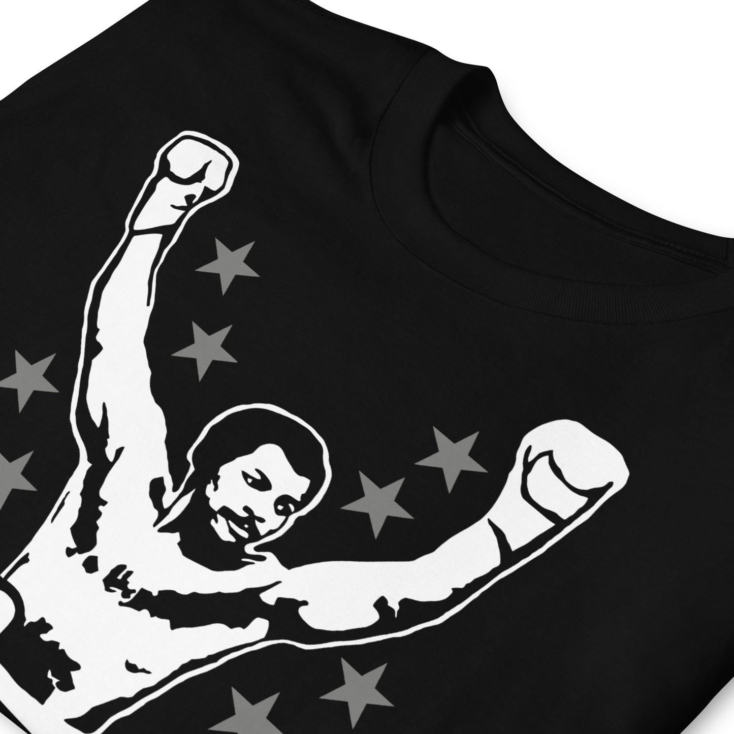detalle de camiseta apollo creed boxeo rocky negra