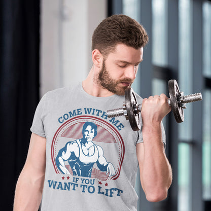hombre con camiseta arnold schwarzenegger come with me if you want to lift gris