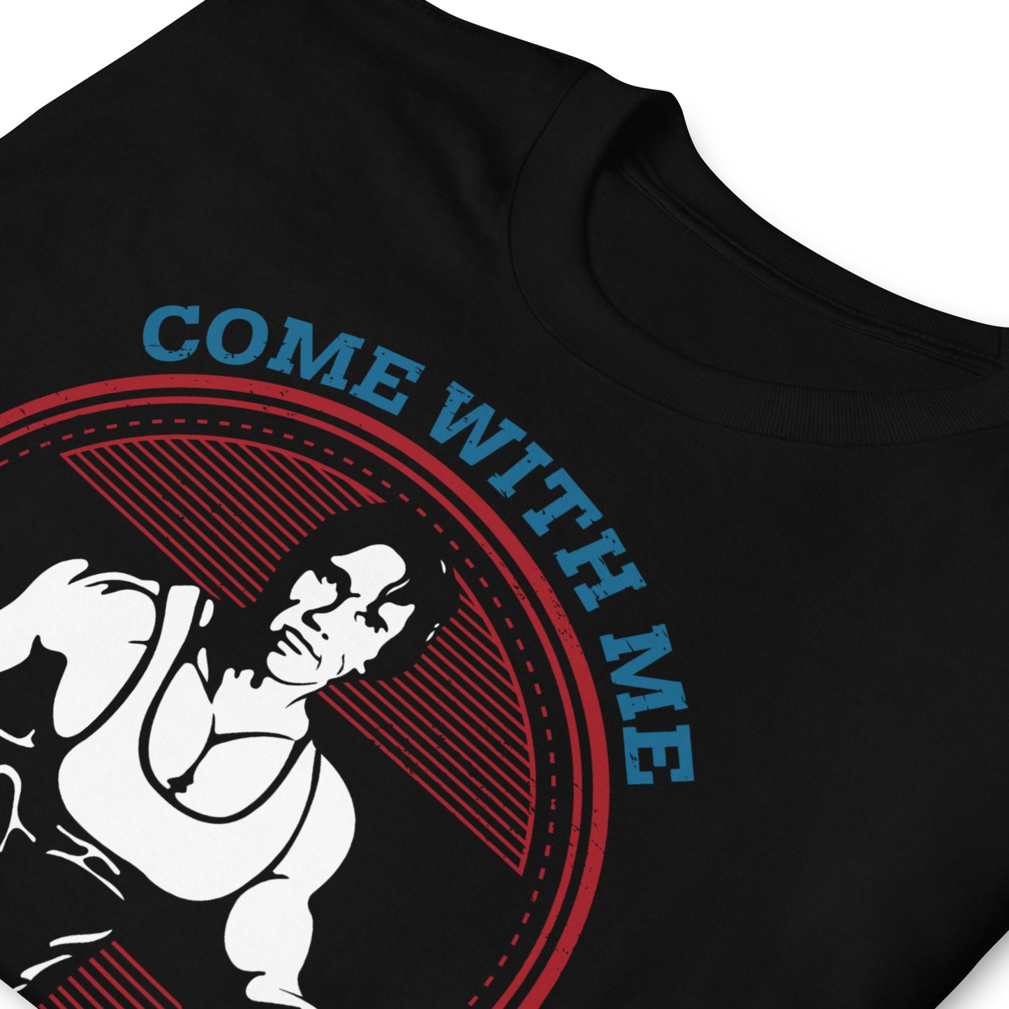 detalle de camiseta arnold come with me if you want to lift negra