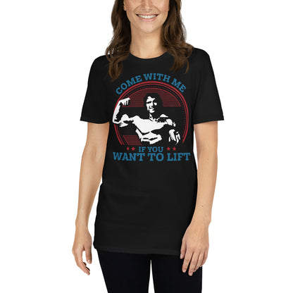 mujer con camiseta come with me if you want to lift arnold negra