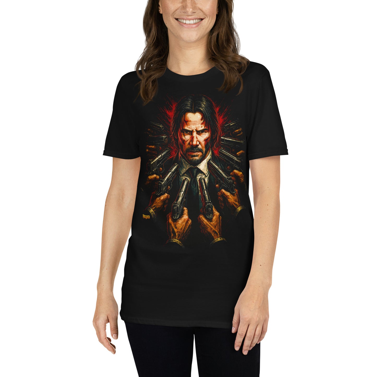 mujer con camiseta john wick negra