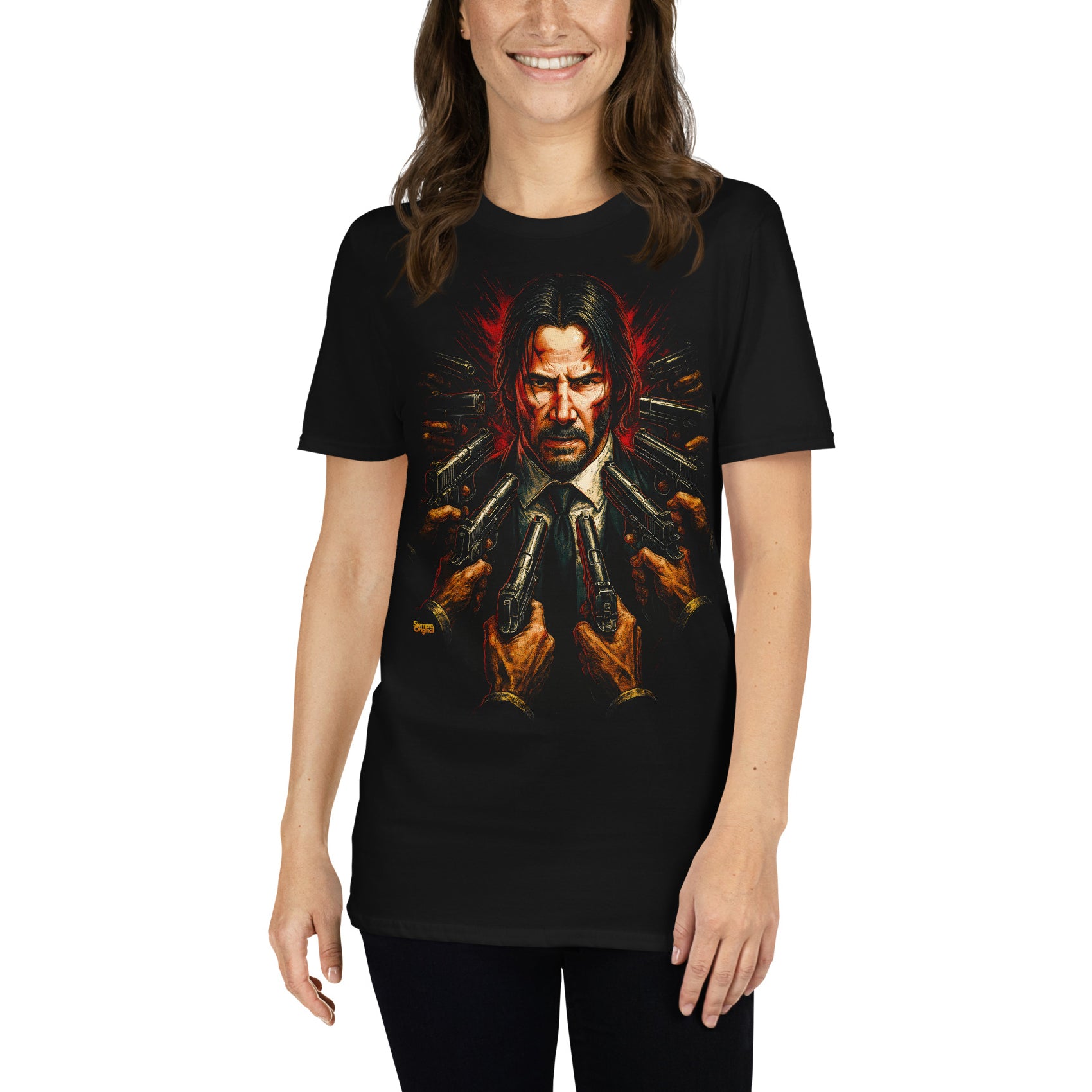 mujer con camiseta john wick negra