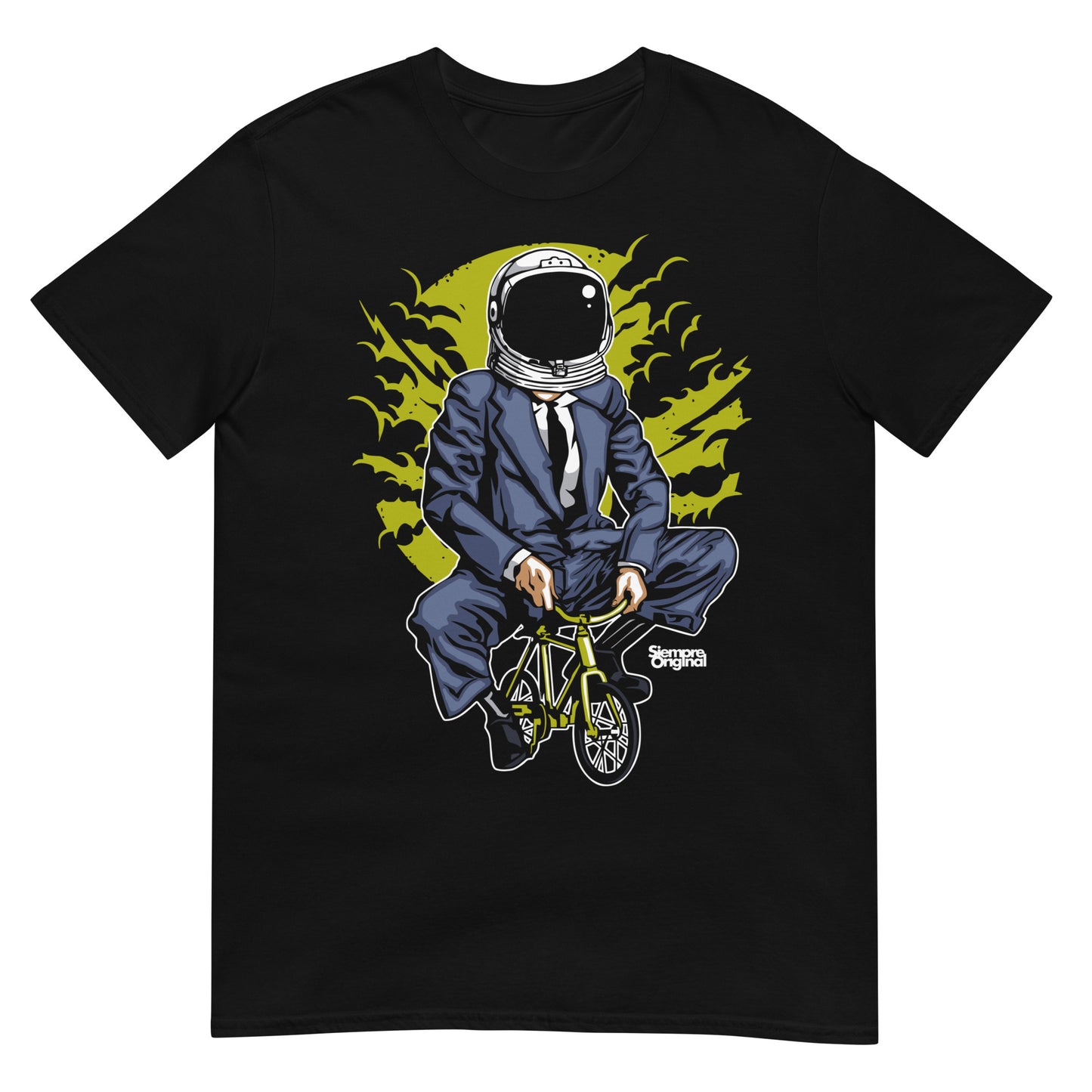 camiseta astronauta creativa bicicleta negra