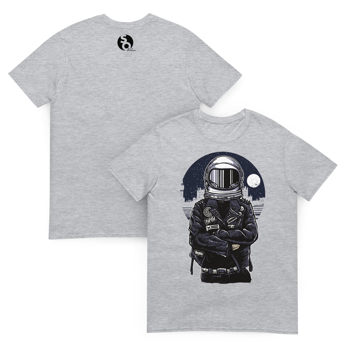 camiseta astronauta rebelde punk delante y detras gris