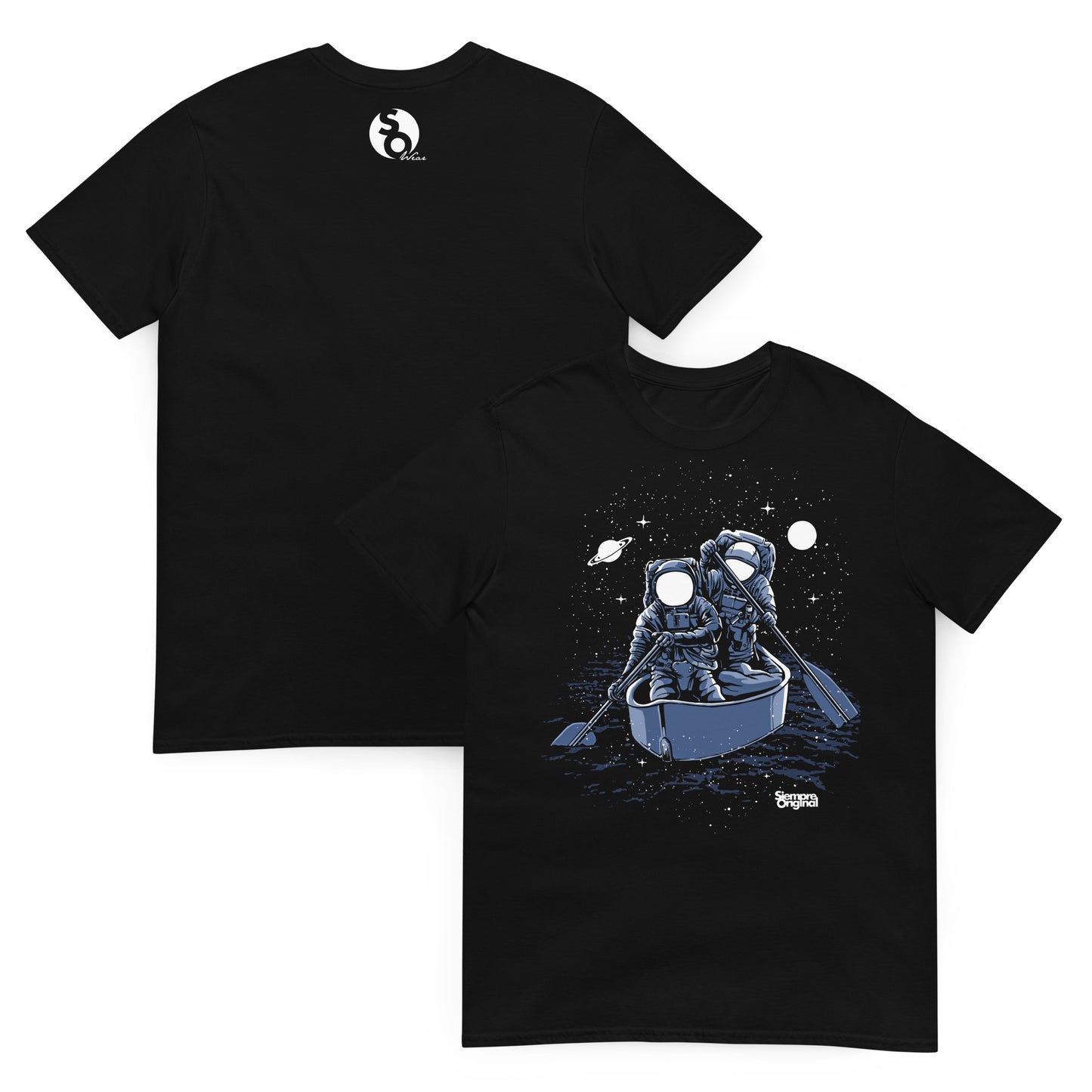 camiseta astronautas en el espacio delante y detras negra