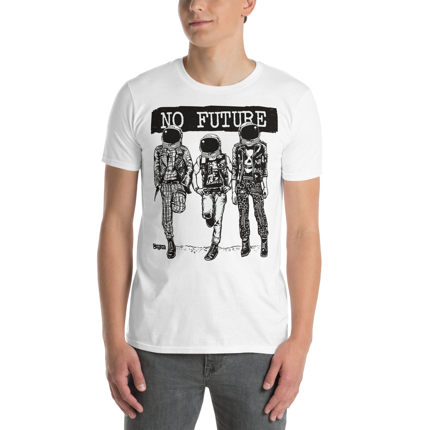hombre con camiseta astronautas punk no future blanca