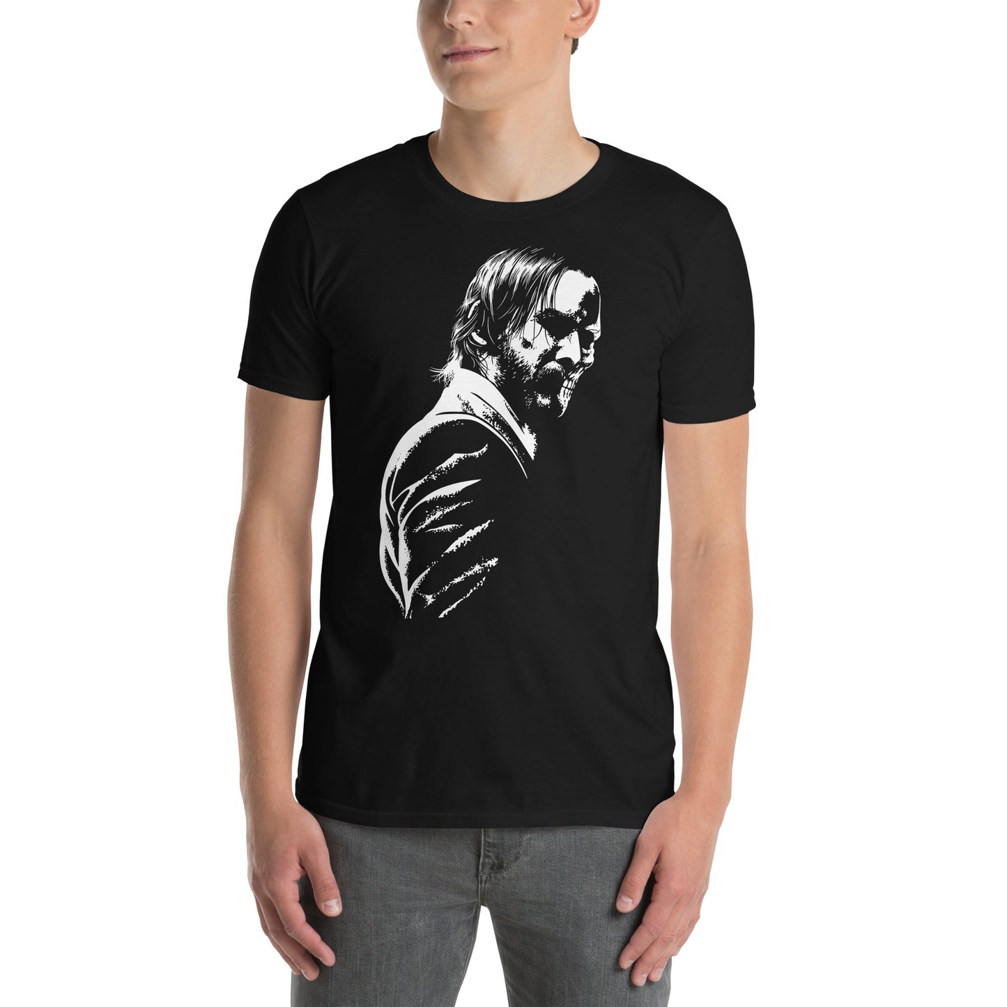 hombre con camiseta baba yaga john wick negra