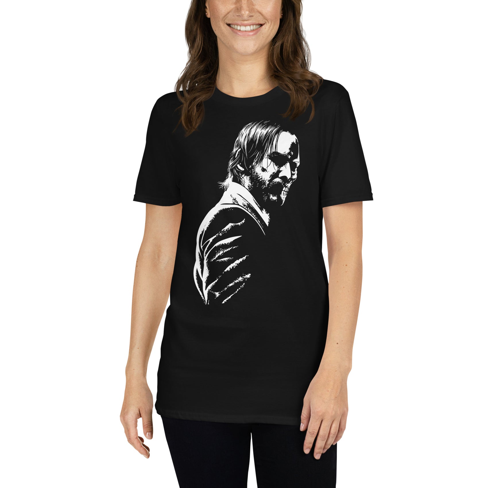 mujer con camiseta baba yaga john wick negra