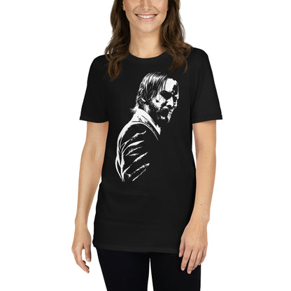mujer con camiseta baba yaga john wick negra