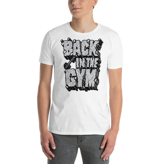 hombre con camiseta back in the gym gimnasio fitness en color blanco