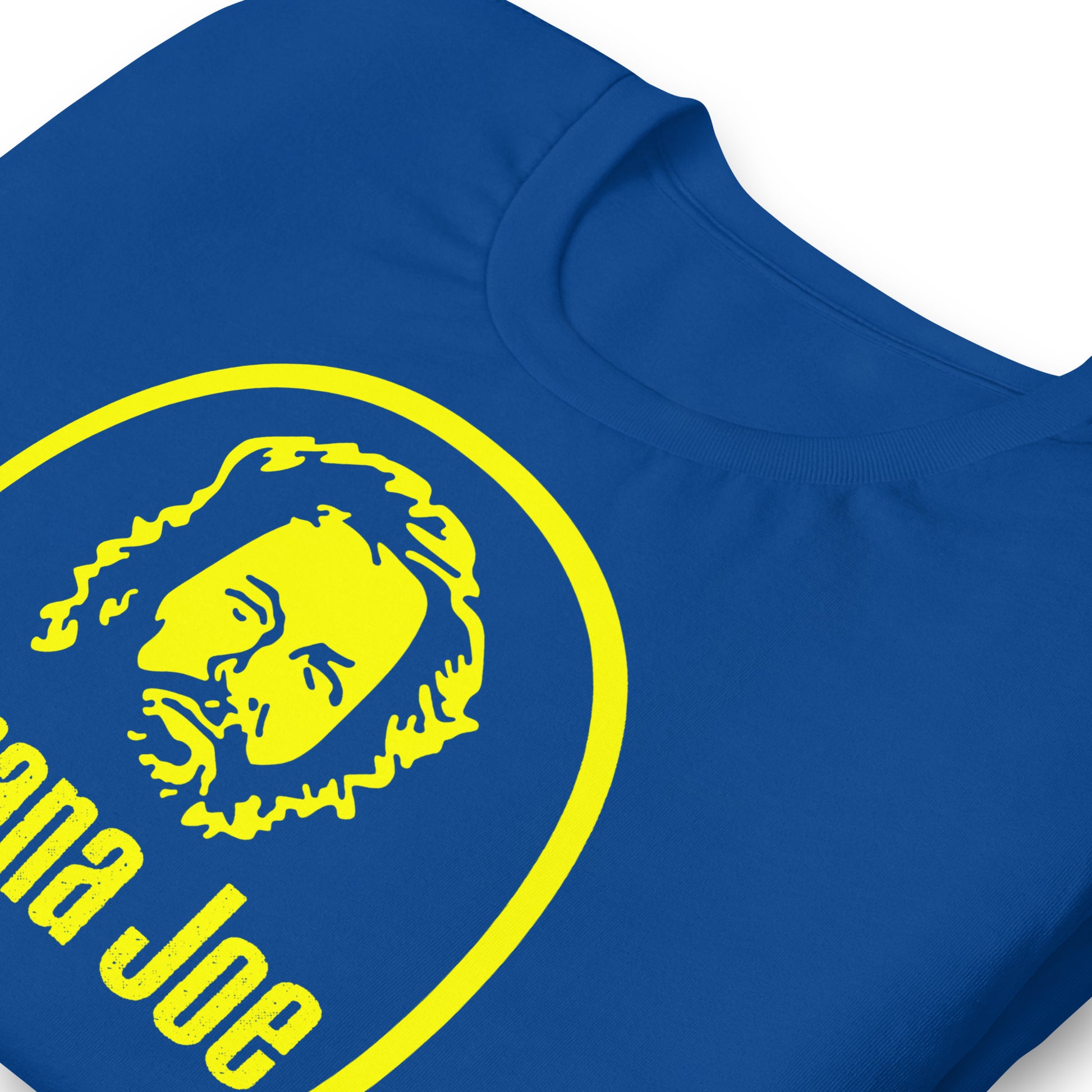 detalle de camiseta banana joe bud spencer azul royal