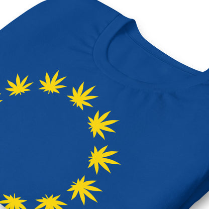 detalle de camiseta bandera europea marihuana azul royal