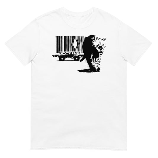 camiseta barcode leopard banksy blanca