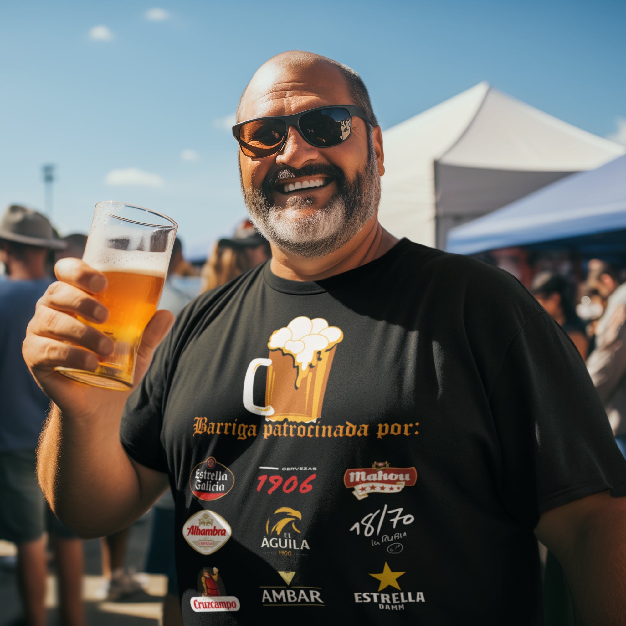 man wearing a black beer belly t-shirt sponsored by beer brands