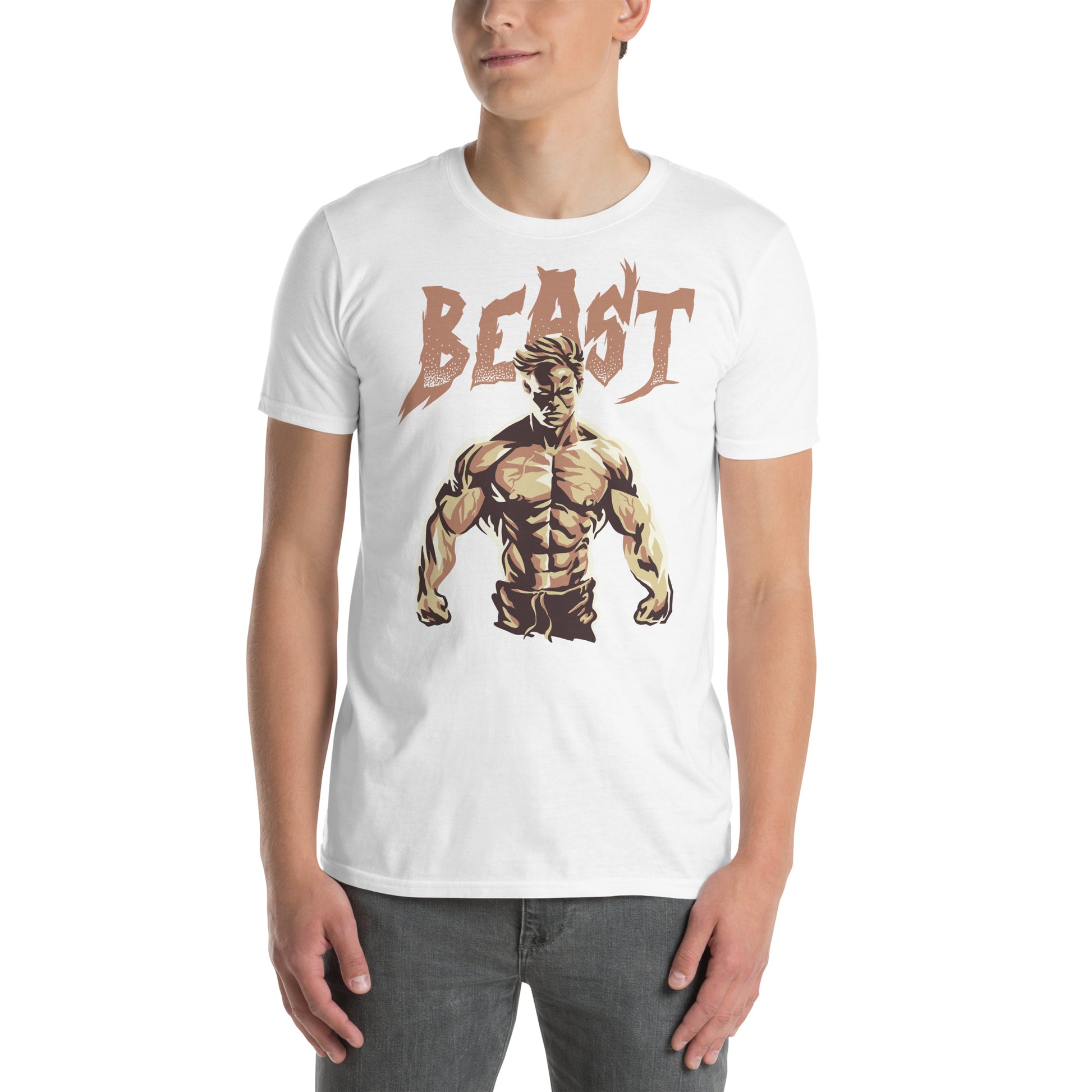 hombre con camiseta beast gym gimnasio fitness en color blanco