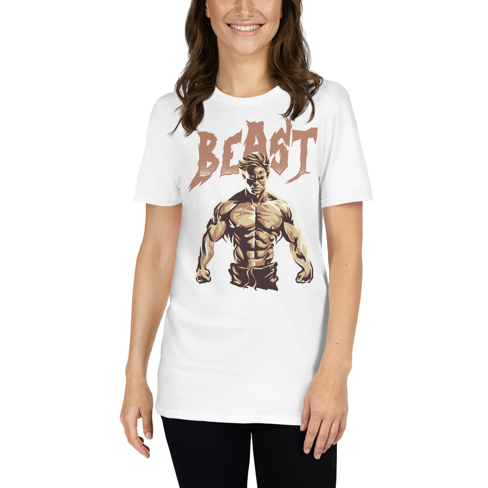 mujer con camiseta beast gym gimnasio fitness en color blanco