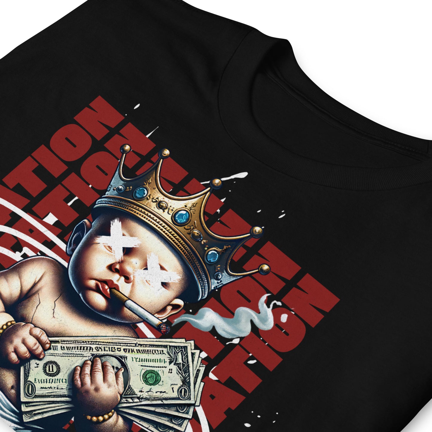 detalle de camiseta bebe dinero urbana negra