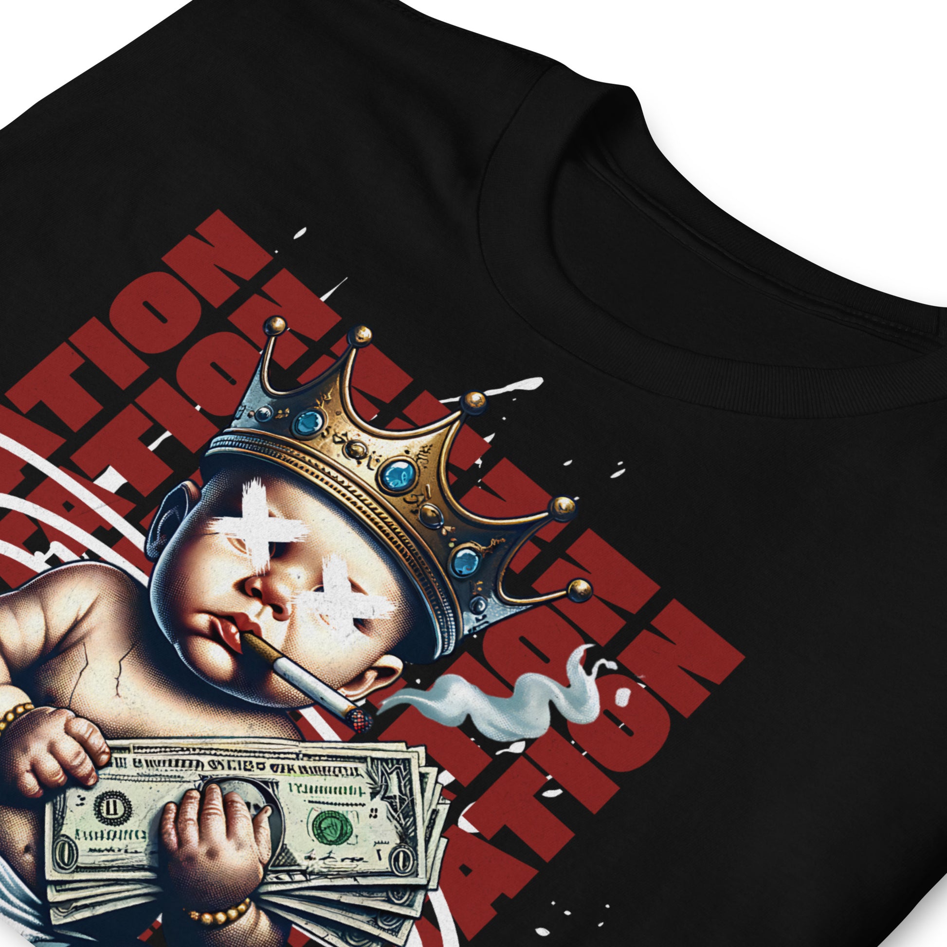 detalle de camiseta bebe dinero urbana negra