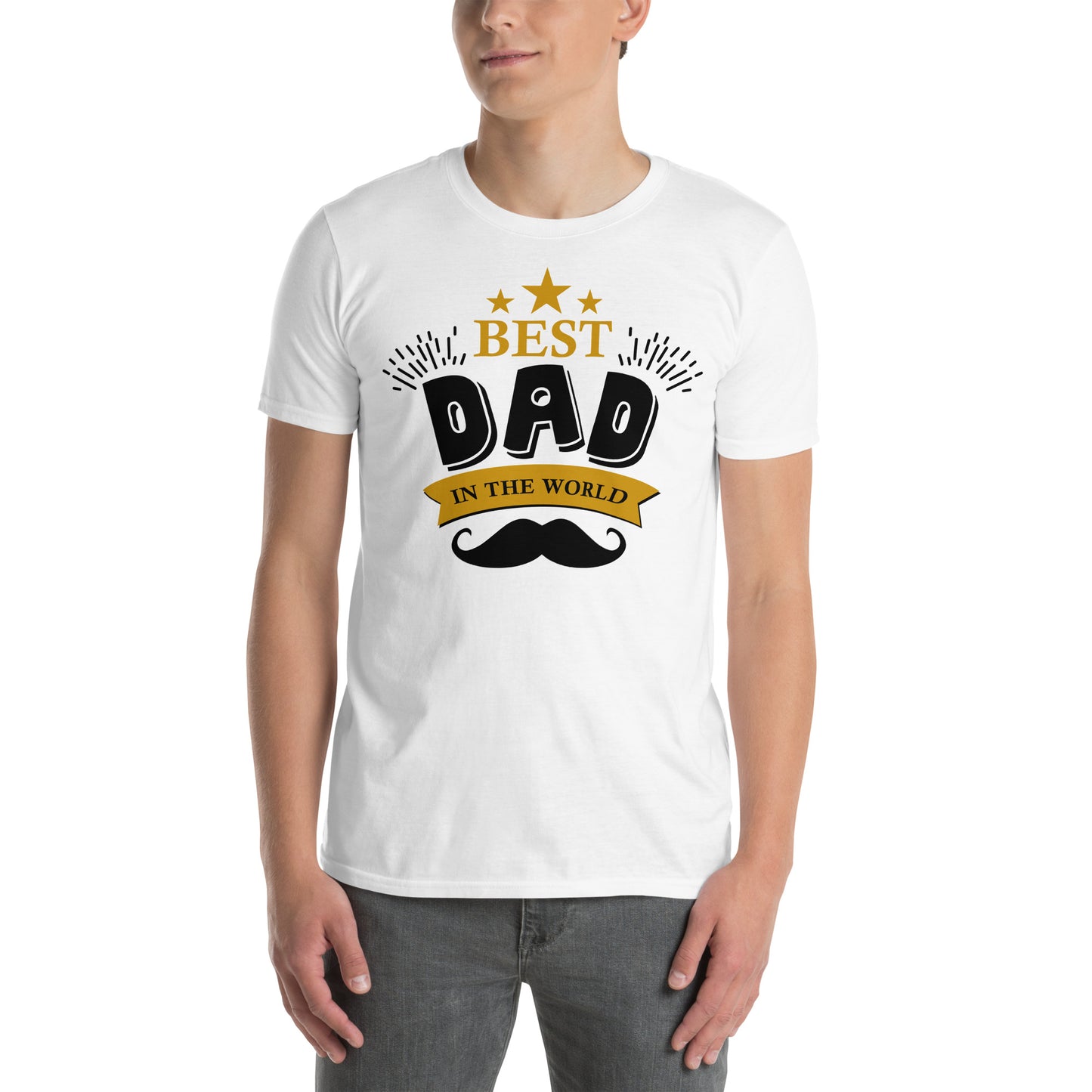 hombre con camiseta best dad in the world blanca