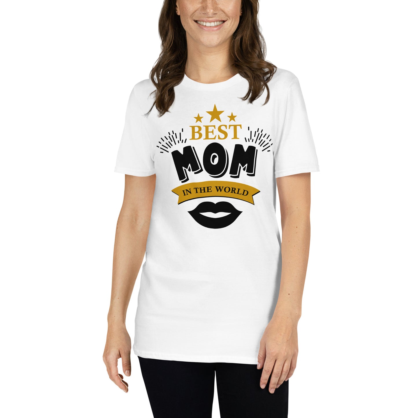 mujer con camiseta best mom in the world blanca