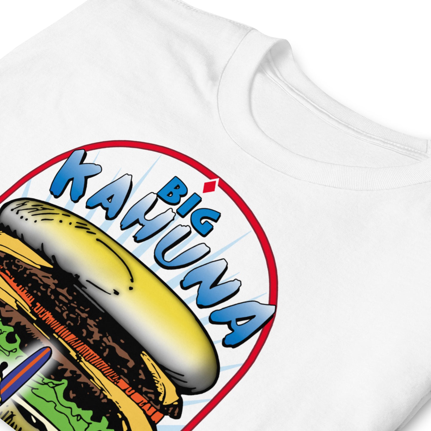 detalle de camiseta camiseta big kahuna burger pulp fiction blanca